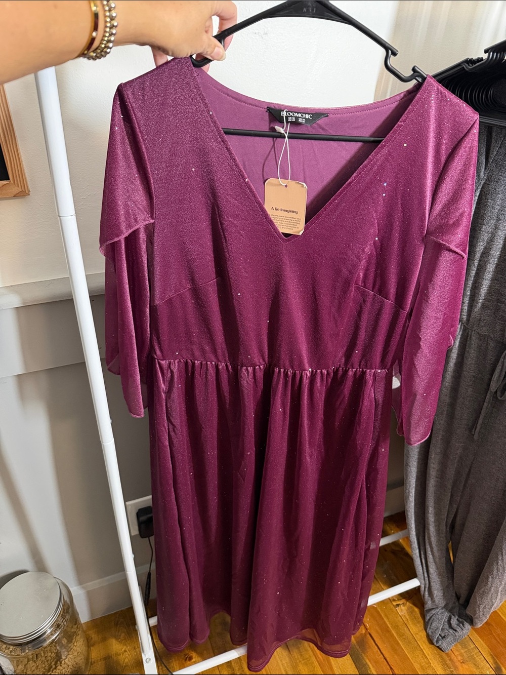 Bloomchic Sparkle V-Neck Midi Dress - Plum